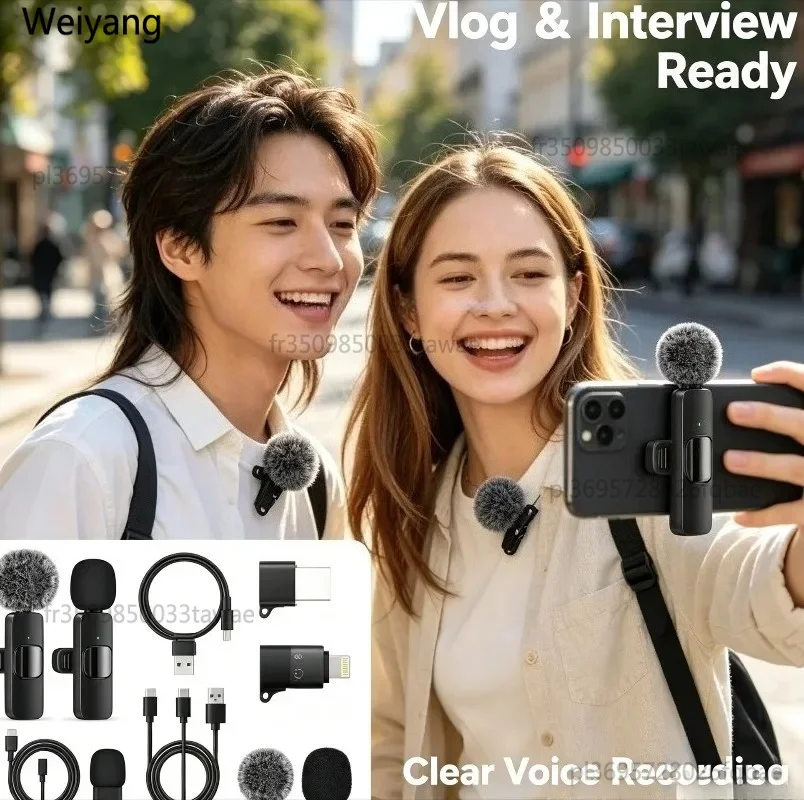 Micrófono de solapa inalámbrico 2 en 1, plug and play, con reducción de ruido, para teléfono móvil, grabación de video, transmisión en vivo, entrevistas
