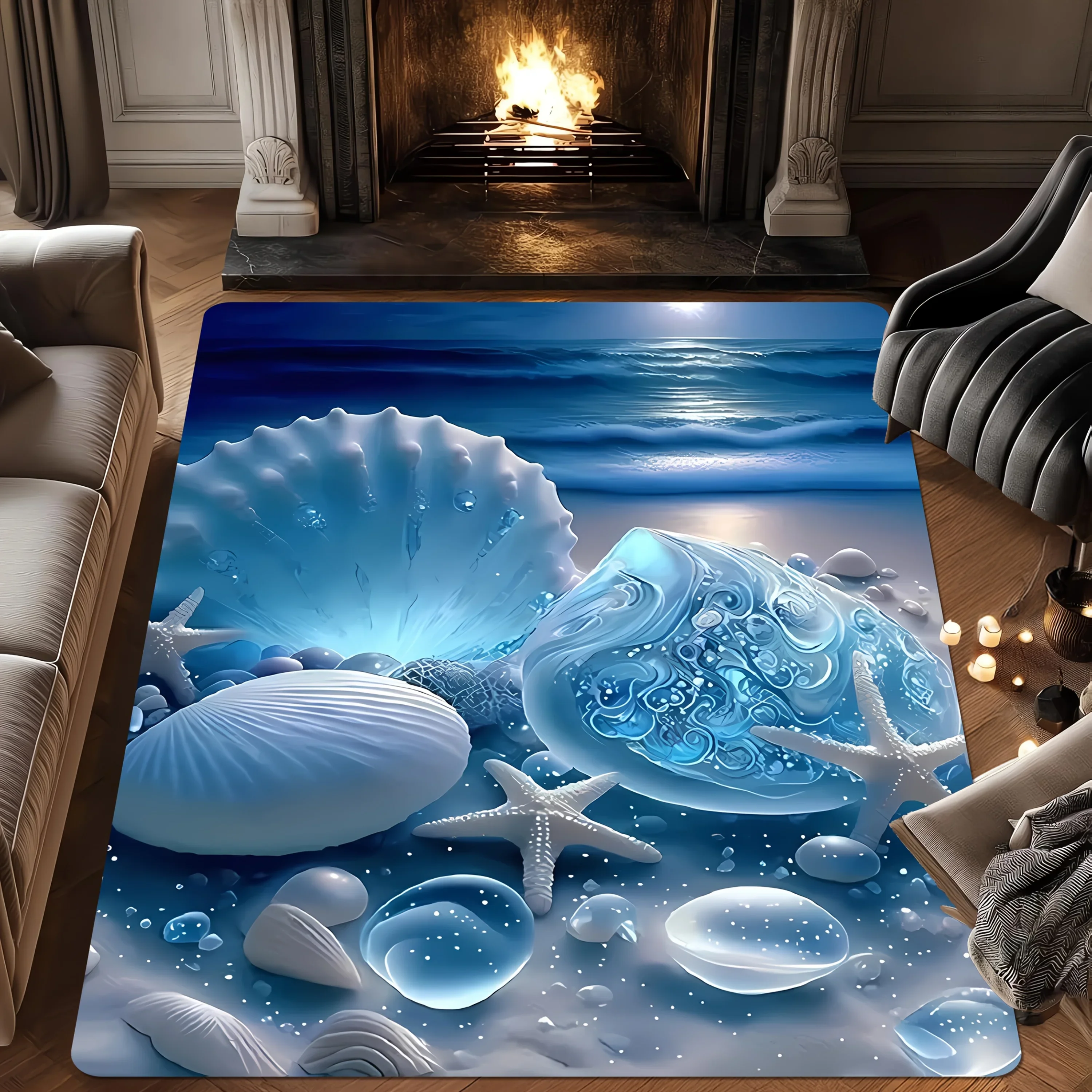 1pc Beach-Themed Carpet Suitable for Doorway, Living Room, Bedroom - Coastal Nautical Rug with Shell Pattern, Machine-Washable