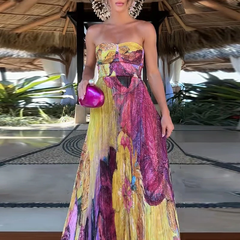 Abiti lunghi stampati con motivo cavo estivo Abito da spiaggia casual senza maniche altalena Abito da festa sexy a pieghe a vita alta con spalle scoperte