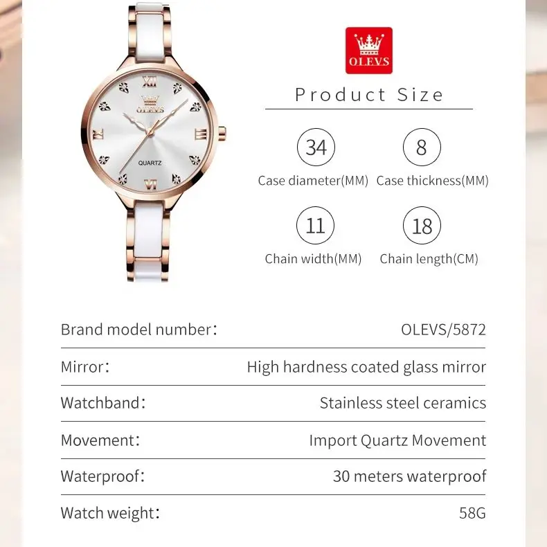 OLEVS 5872 Fashion Luxury Brand Quartz Women\'s Watch Elegant Ceramic Rose Gold Waterproof Dress Women\'s Watch Relogio Feminino