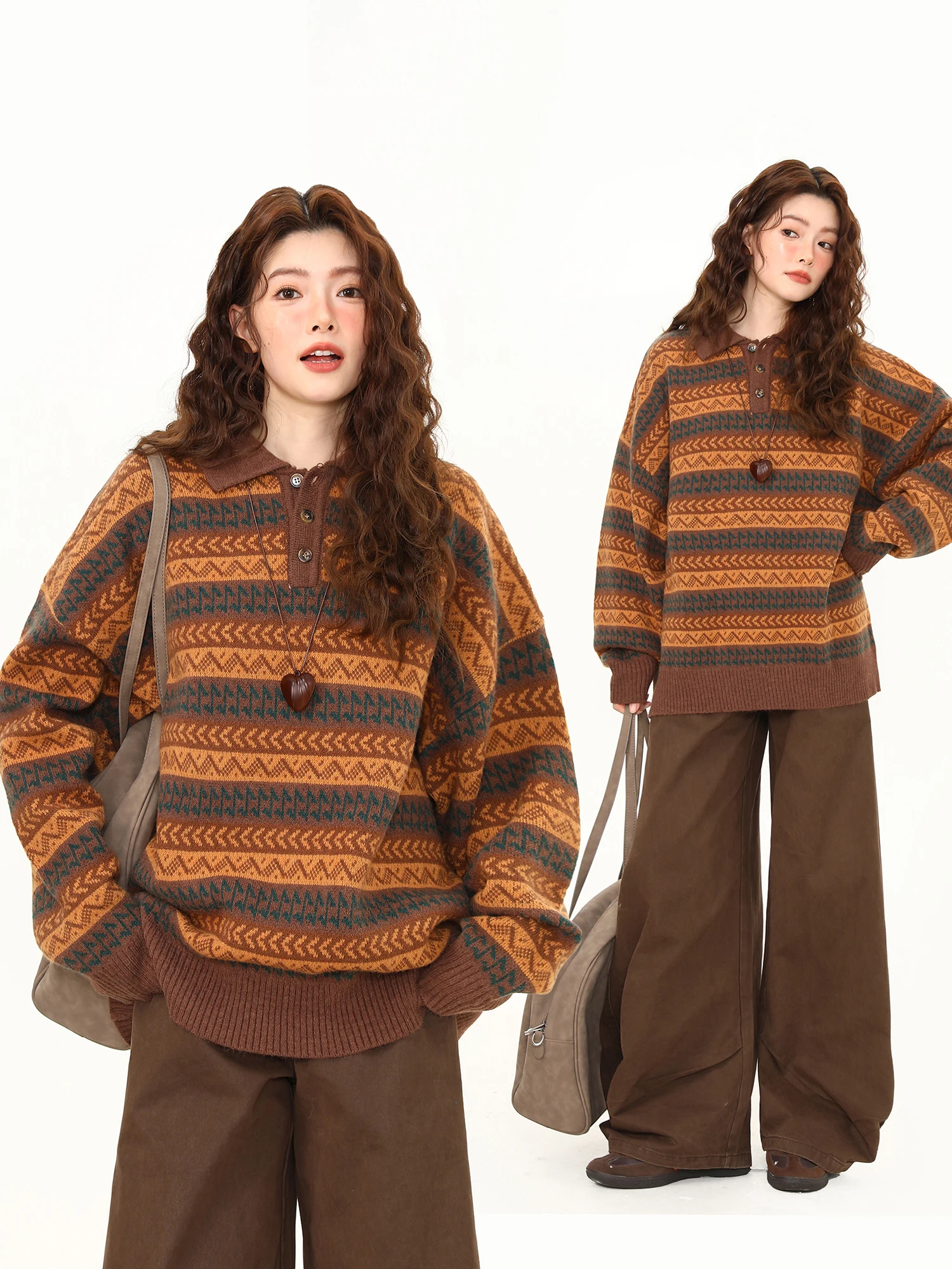 

Wild Azizi Women's Loose Knitted Sweater Stripe Pattern Vintage American Sle Casual Aosphere Top Street Sle Long Sve