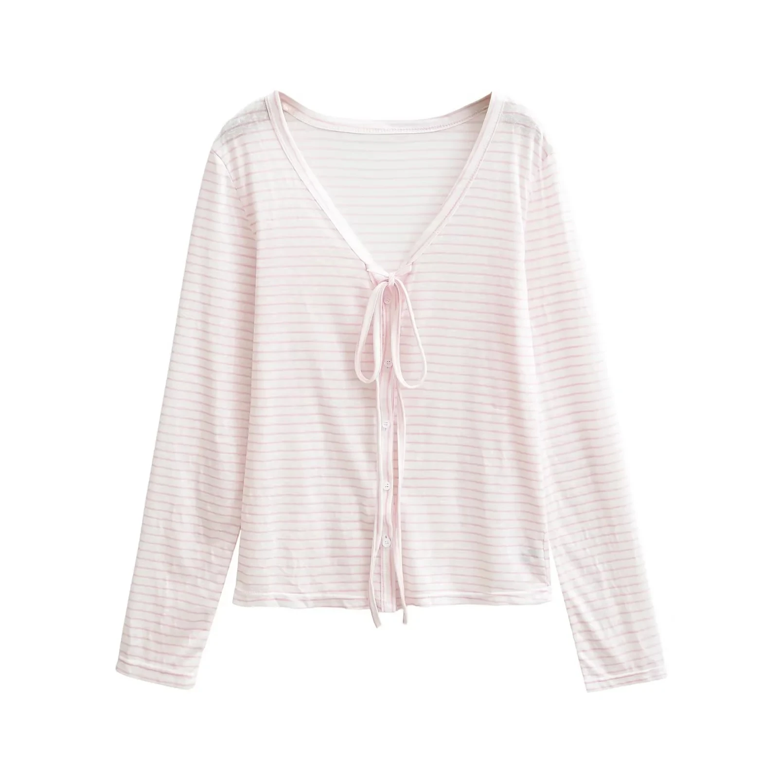 Summer Loose Fit Long Sleeve Women's Cardigan  Knot Outerwear Thin Transparent Blue Striped Top Casual Style
