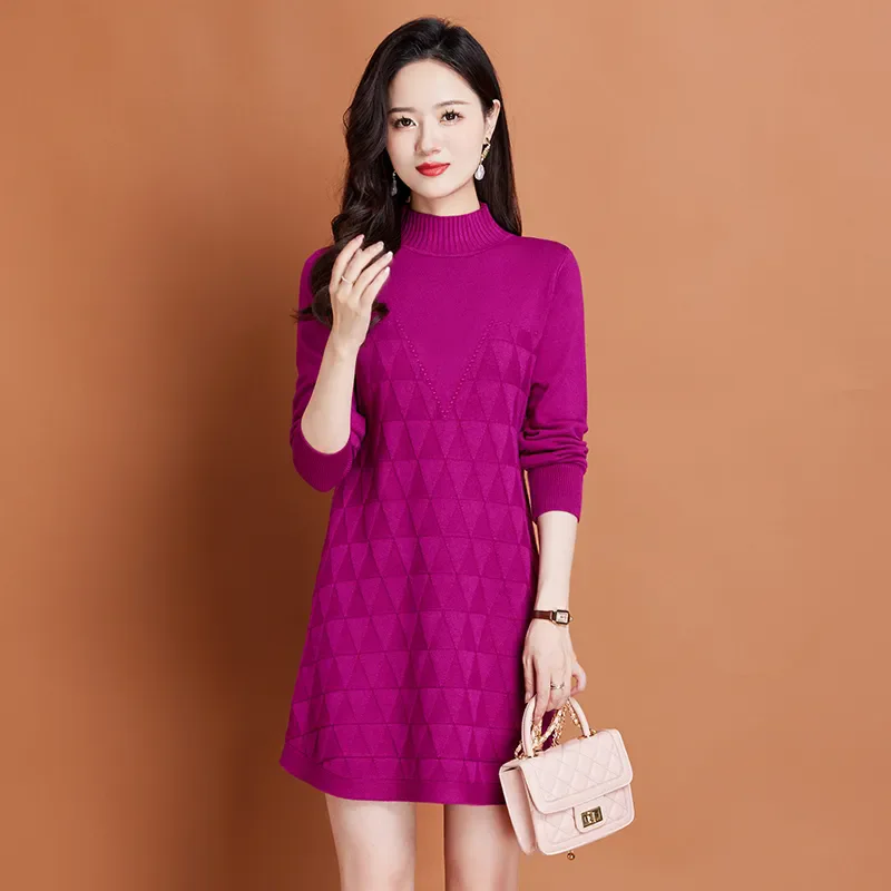 

Autumn Winter New Sweet Mid-Length Loose Sweater Dress Women's Outer Wear Long-Sleeved Half-Turtleneck Chic Knitted Base Shirt