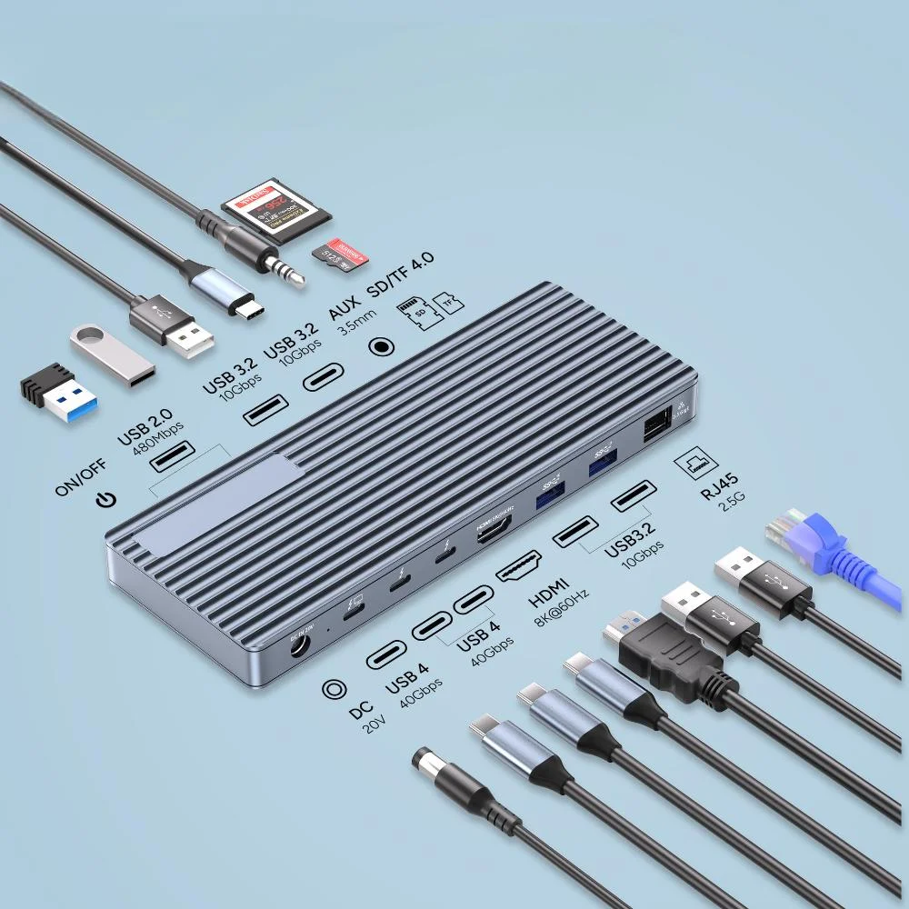 

Thunderbolt 4 USB4.0 Aluminum Alloy Docking Station 13 Ports USB-C Hub 40Gbps 8K 60Hz USB 3.2 Gen2 10Gbps For 2.1 87W PD RJ45