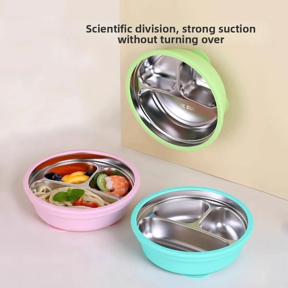 Silicone Suction Cup Baby Sucker Dining Plate Thermal Insulation 304 Stainless Steel 3 Grids Children Dishes Anti-fall