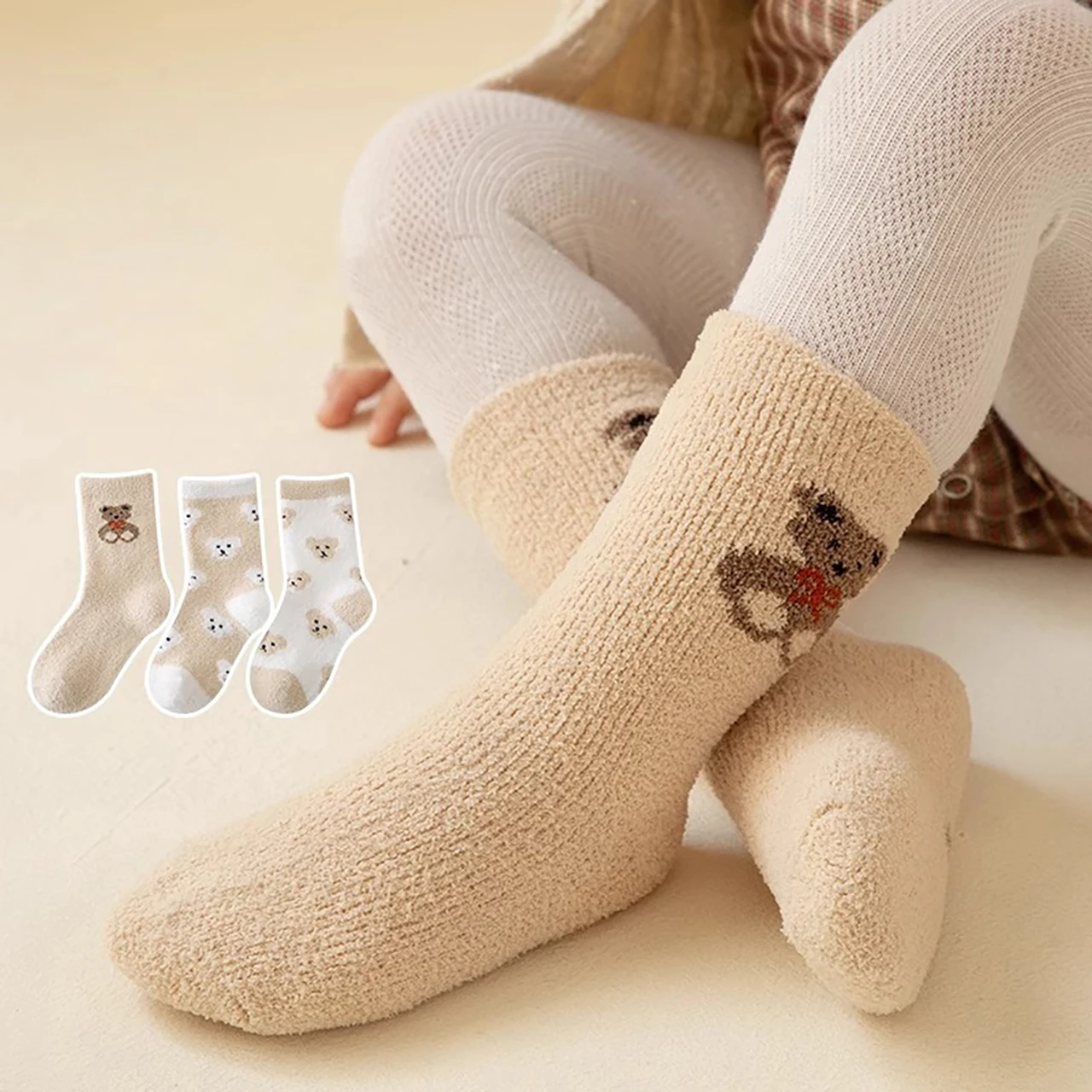 3Pair Polka Dot Plush Sock Baby Sleep Socks Winter Warm Kids Mid Tube Socks 1-5Year Children Thermal Footwear Cartoon Bear Sock