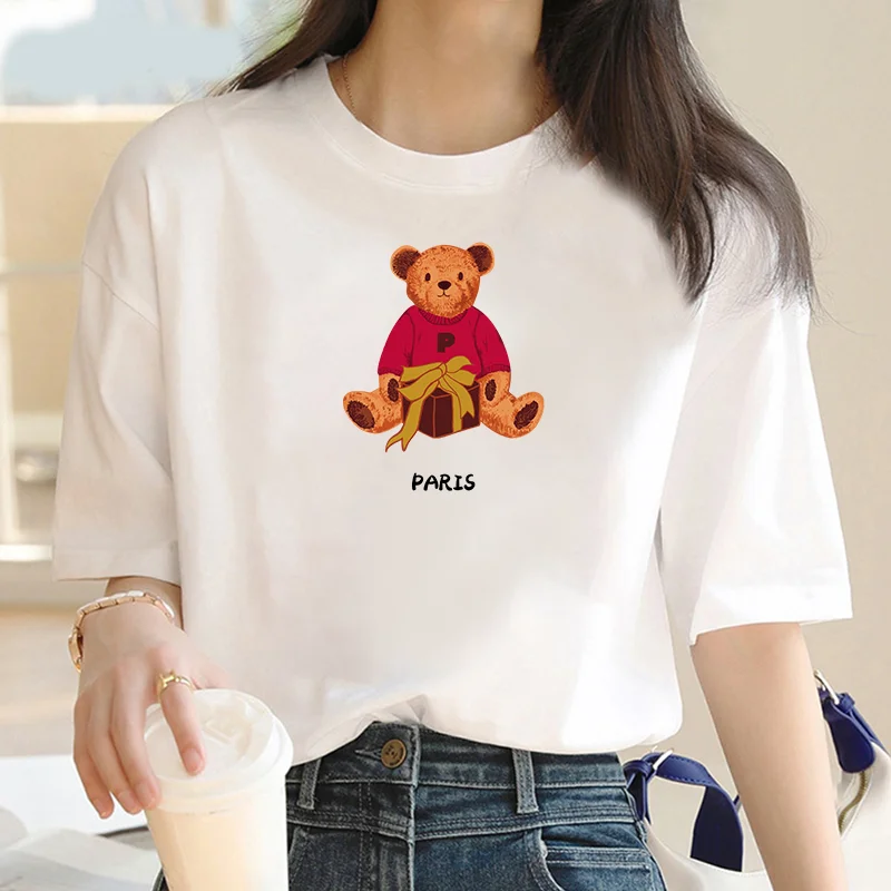 Summer new cute bear short sleeve printed clothing women T-shirt Harajuku pattern fashion clothing women top off the boat