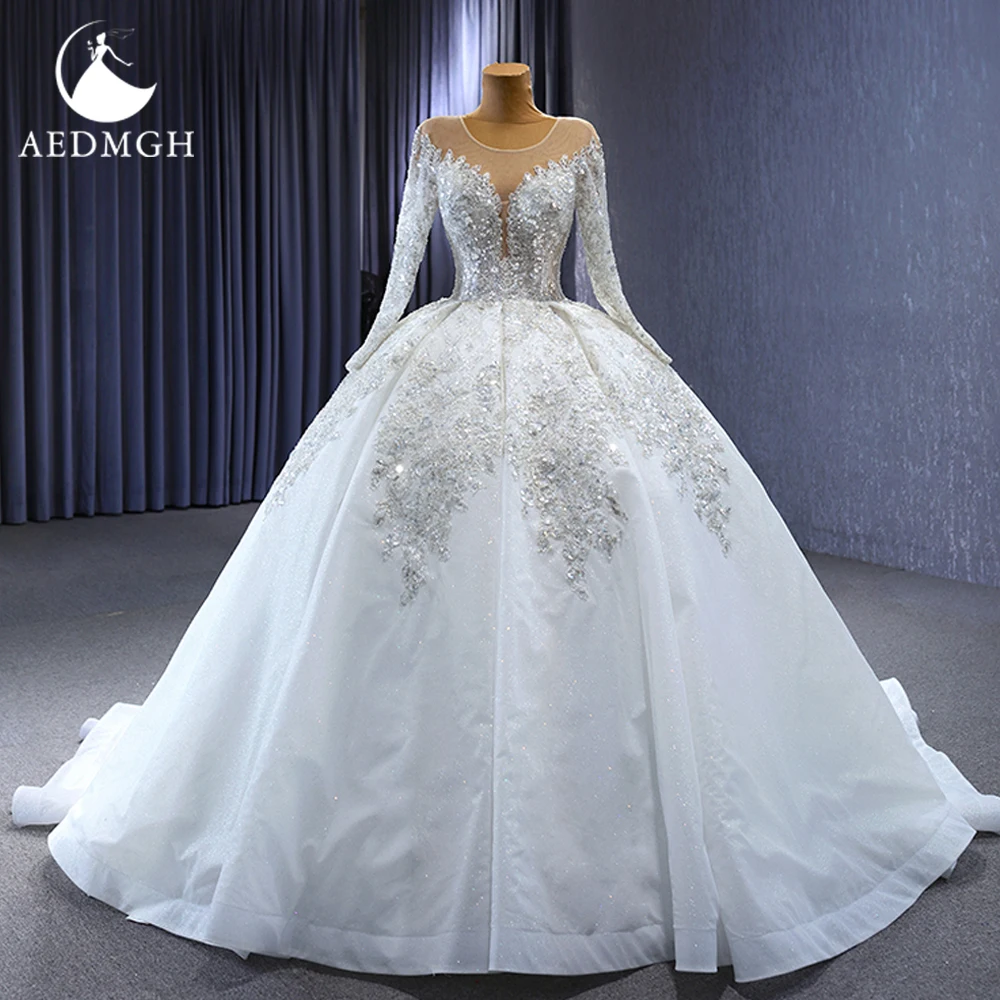 

Aedmgh Ball Gown Royal Wedding Dresses 2024 O-Neck Long Sleeve Vestido De Novia Lace Sequined Elegant Princess Robe De Mariee