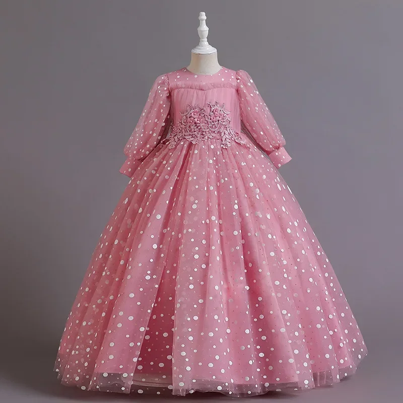 New Princess Children's Long-Sleeved Puffy Occidental Birthday Party Performance Dress Host Dress