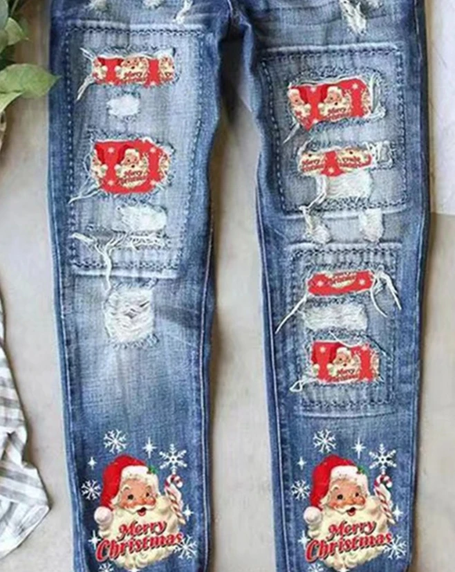 Women's Jeans 2023 Spring Fashion Merry Christmas Snowflake Print Casual Ripped Pocket Design Long Jeans Y2K Streetwear