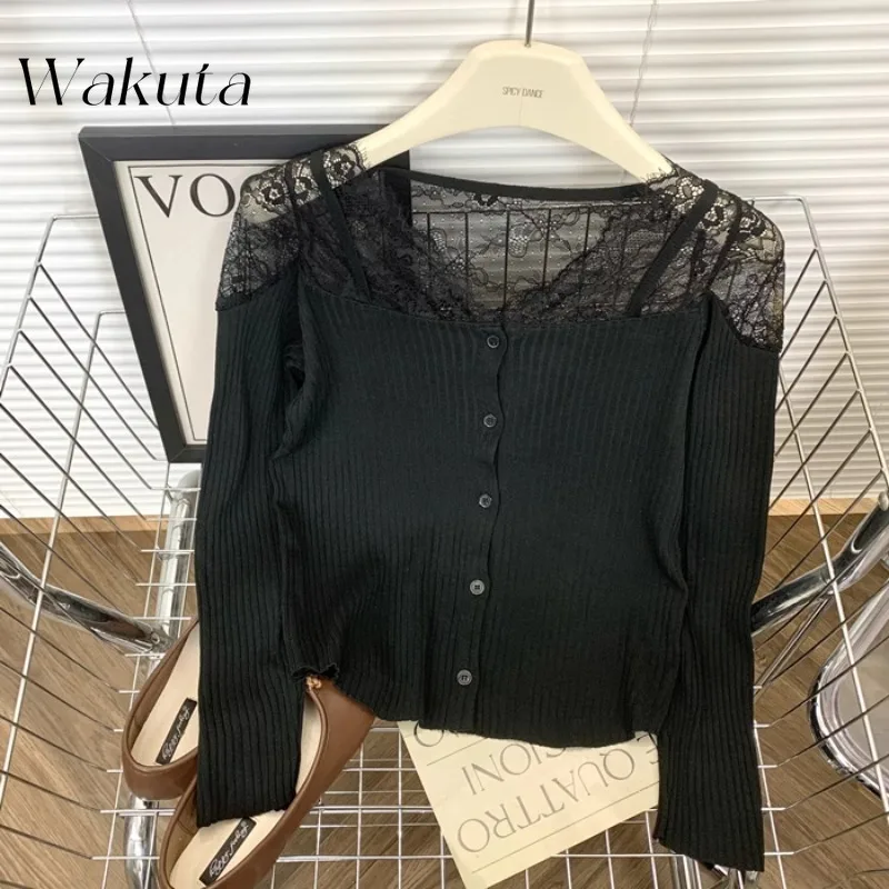 WAKUTA Black Lace Splicing Long-sleeved Knit Sweaters Female Autumn Winter Sexy Slim Short Section Inside The Bottoming Cardigan