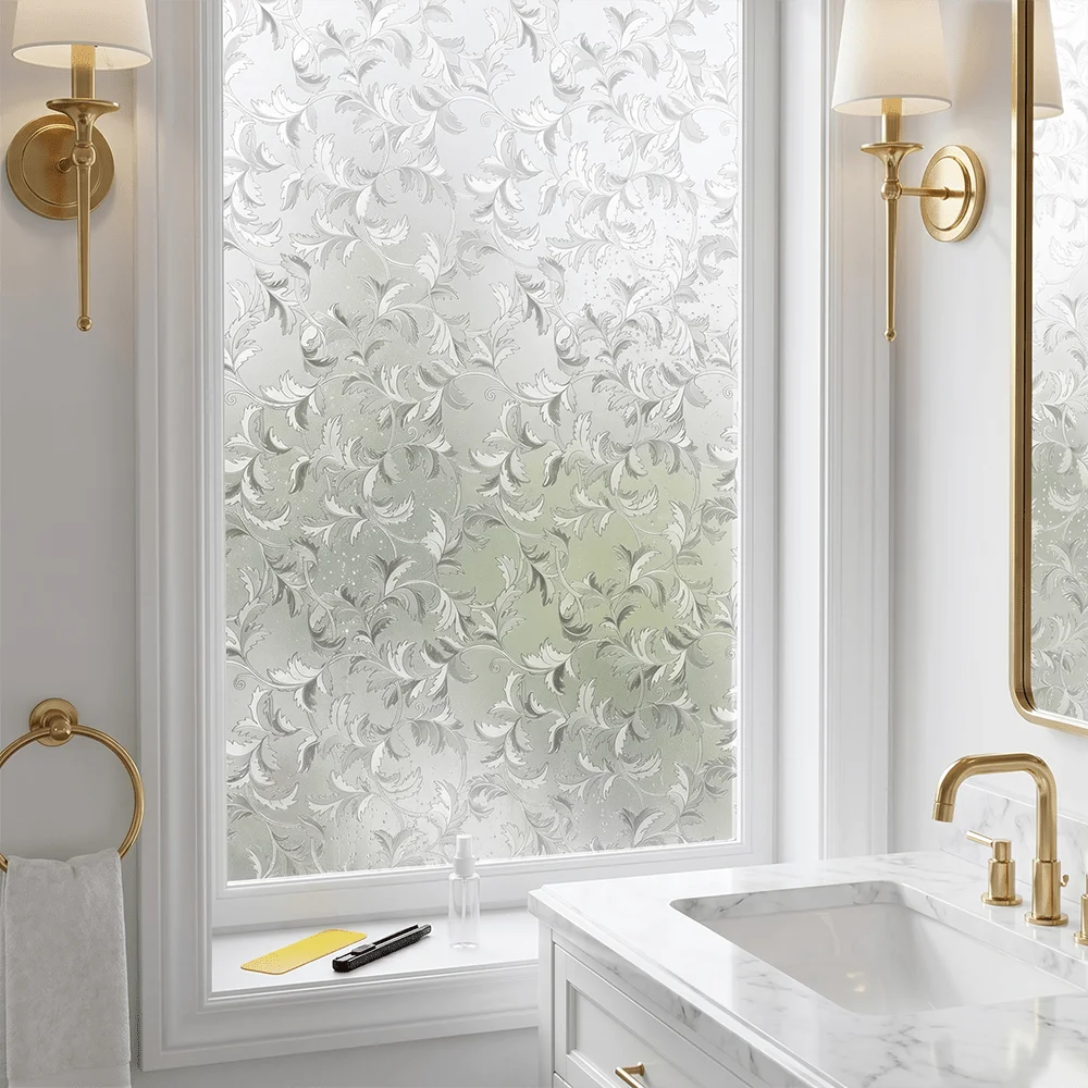 3D Embossed Floral Privacy Window Film White Vine Frosted HeatControl Static Cling Reusable for Bathroom Apartment Kitchen Glass