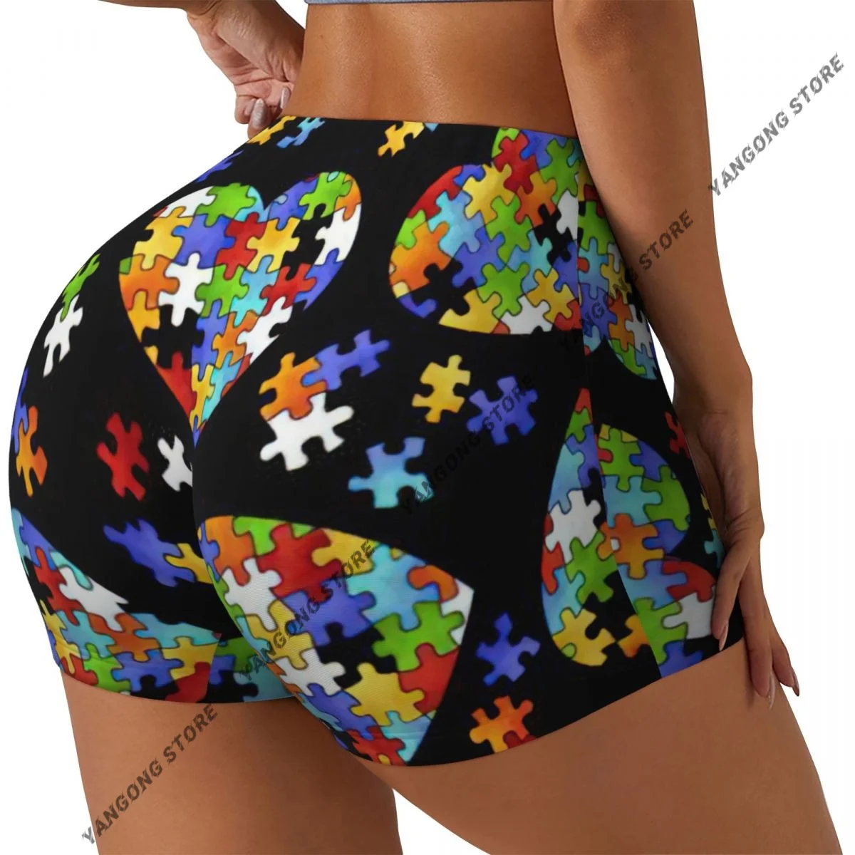 Women Yoga Shorts Autism Awareness Puzzle Pieces Heart Workout Shorts Fitness quick-dry Ladies Yoga Gym Short Pants Sportswear