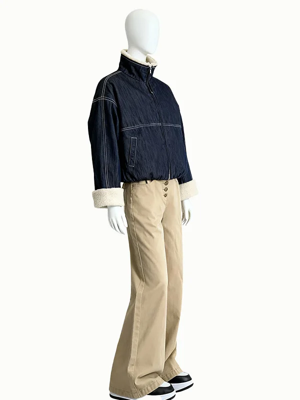 

Зимняя утепленная теплая куртка с воротником-стойкой, свободного кроя, модная, из джинсовой ткани с отделкой из овечьей шерсти, женская, в корейском стиле, для повседневной носки