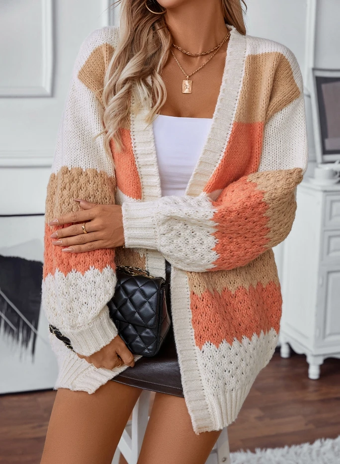 

Women's Striped Casual Loose Lantern Sleeve Sweater Cardigan Temperament Commuting Autumn & Winter Female Fashion Thick Coat