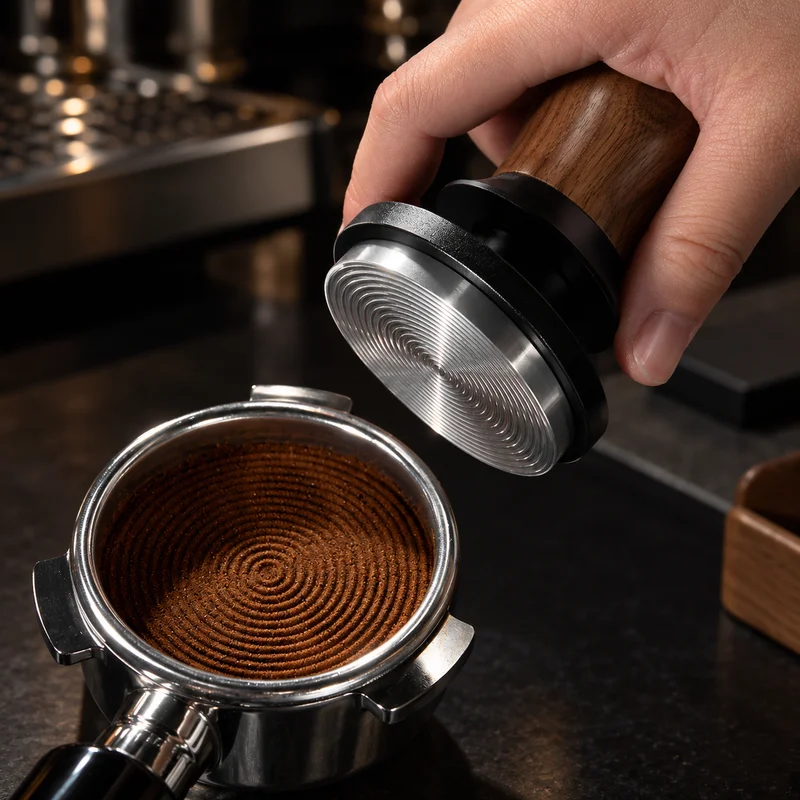 BIGE 30lb Constant Force Espresso Tamper, Walnut Handle, 304 Stainless Ripple Base, 51mm 53.3mm 58.3mm