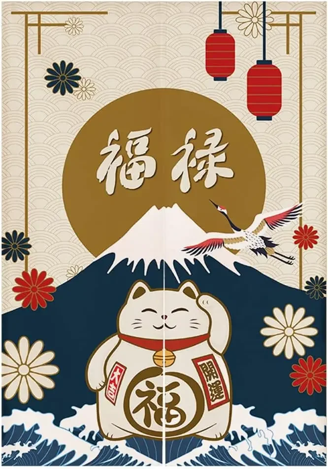 Japanese Lucky Maneki Neko Door Curtain, Navy Background Fortune Cat, Mount Fuji & Crane Print,Oriental Auspicious Decor Divider
