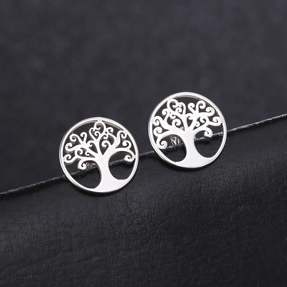 Lemegeton Tree of Life Stainless Steel Earrings for Women Men Norse Mythology Yggdrasil Jewelry World Peace Ear Studs Gift