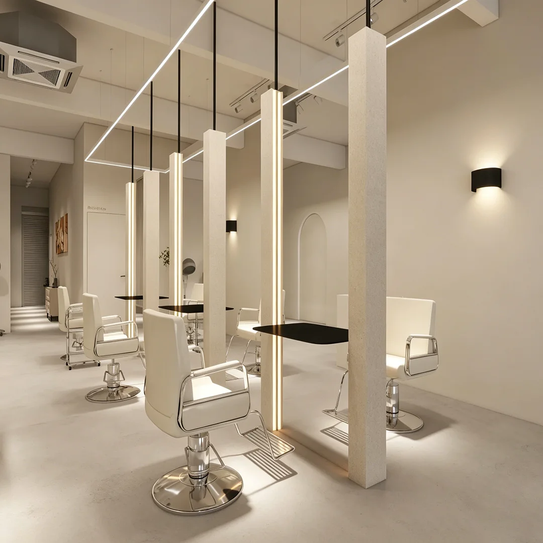 Barber Shop Column Mirror Table With LED Lights, Minimalist Style Hair Salon Showcase, Whole Store Customization