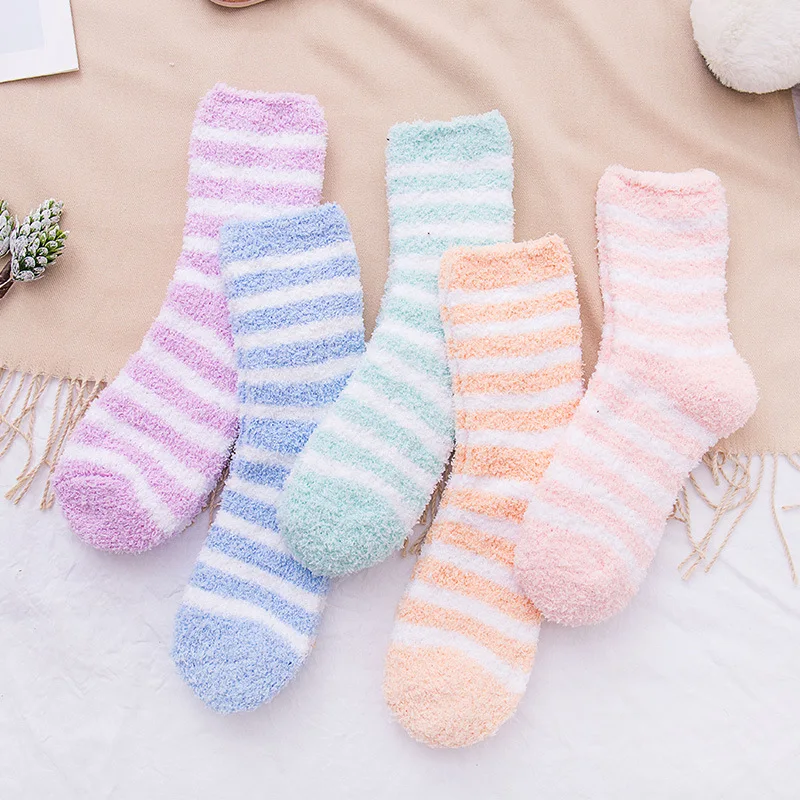1Pair Women's Autumn and Winter Striped Coral Fleece Sleep Socks Thickened Warm Mid-Calf Home Socks Simple Floor Socks