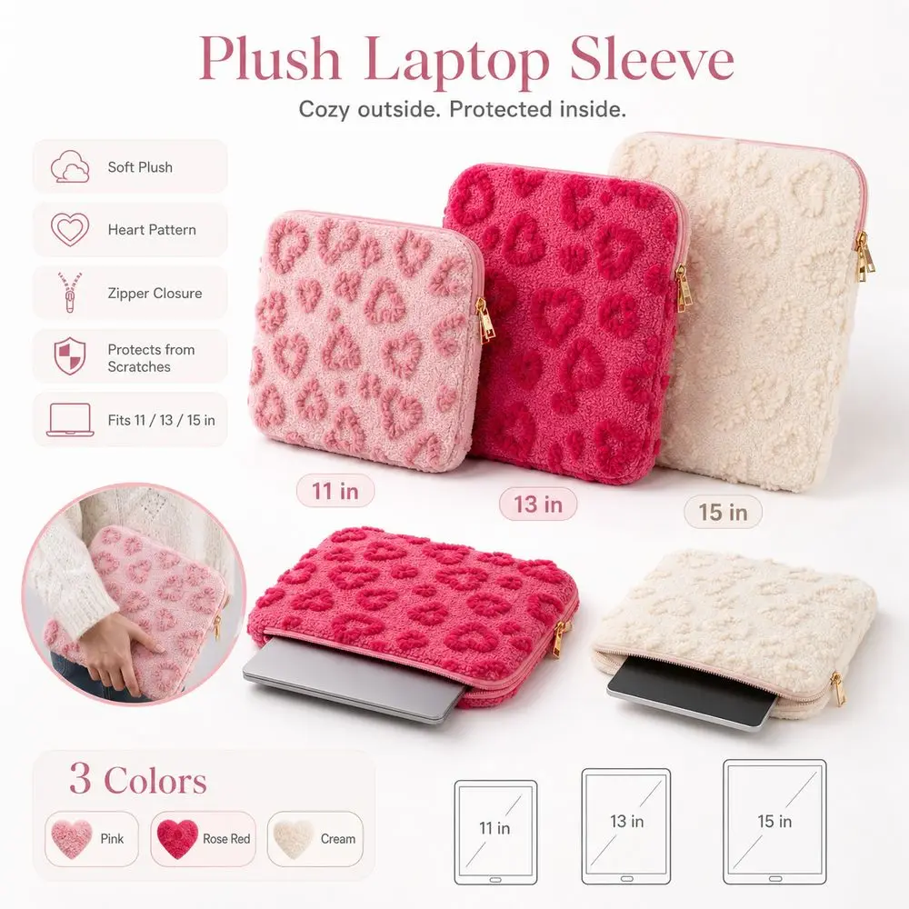 11/13/15inch Laptop Sleeve Plush Heart Pattern Tablet Sleeve Soft Texture Zipper Closure Protective Device Case Tablet Storage