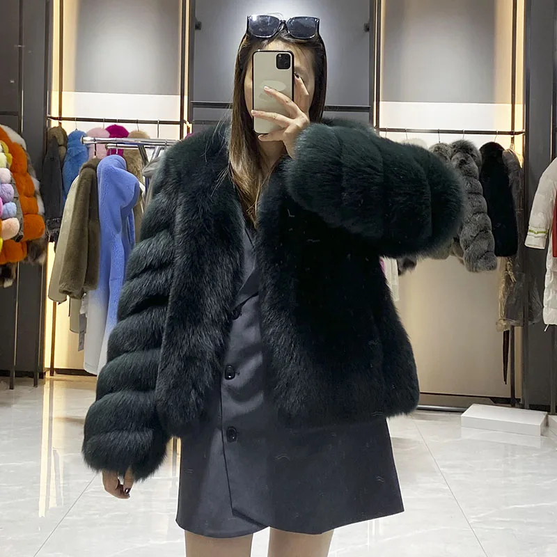 

JANEFUR 2024 Thick Warm Real Fox Fur Coat Fashion Female V-neck Fox Fur Collar Coats Elegant luxury Lady Fur Outwear