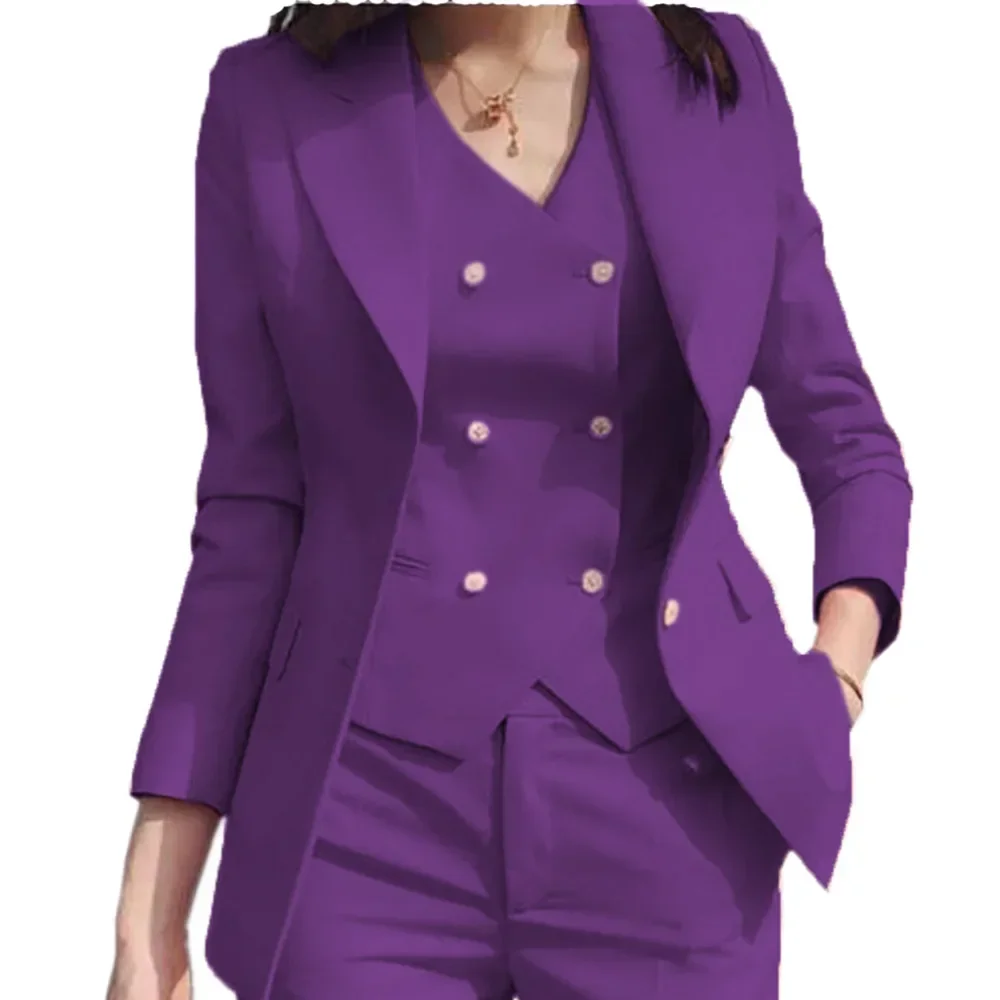 بدلة نسائية 3 قطع سوداء بزر واحد سادة نحيفة لحفلات الزفاف والعمل والمكتب والتنقل اليومي مجموعة غير رسمية سترة وسراويل #2