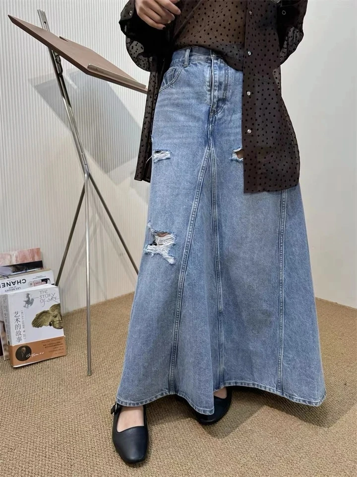 

2024SS Summer New Women Casual High Quality Cowboy Denim Hole Midi Skirt for Female