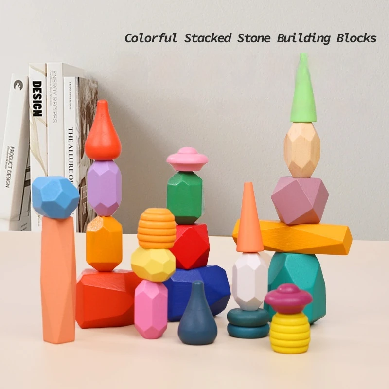 Child Puzzle Wooden Colored Stone Stacking Balance Stacking Stone  Block Toys Enlightenment Early Education Building Block Toys