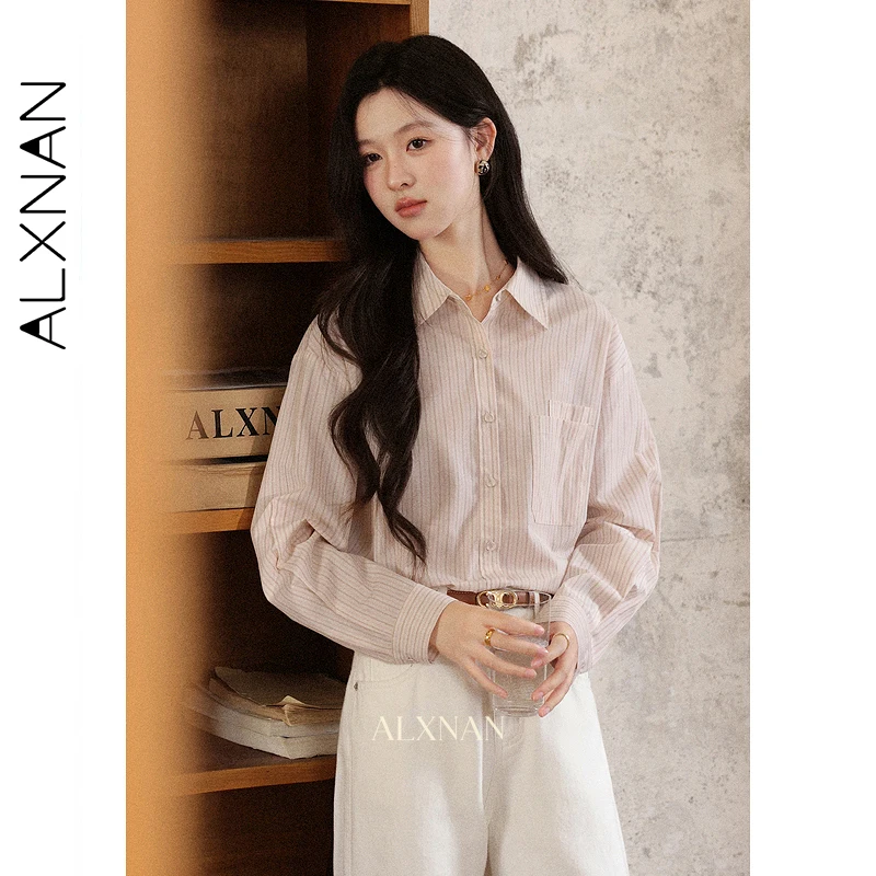 

ALXNAN Women's Shirt Pink Striped Polo Collar Casual Office Lady Shirt 2025 Autumn Loose-fit Long Sleeve Tops Female L57652