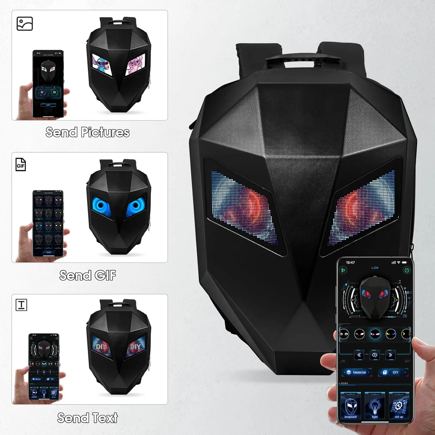 Motorcycle Riding Smart LED Display Backpack Schoolbag Cycling Bluetooth Waterproof Hard Shell DIY Bicycle Travel Knight Helmet