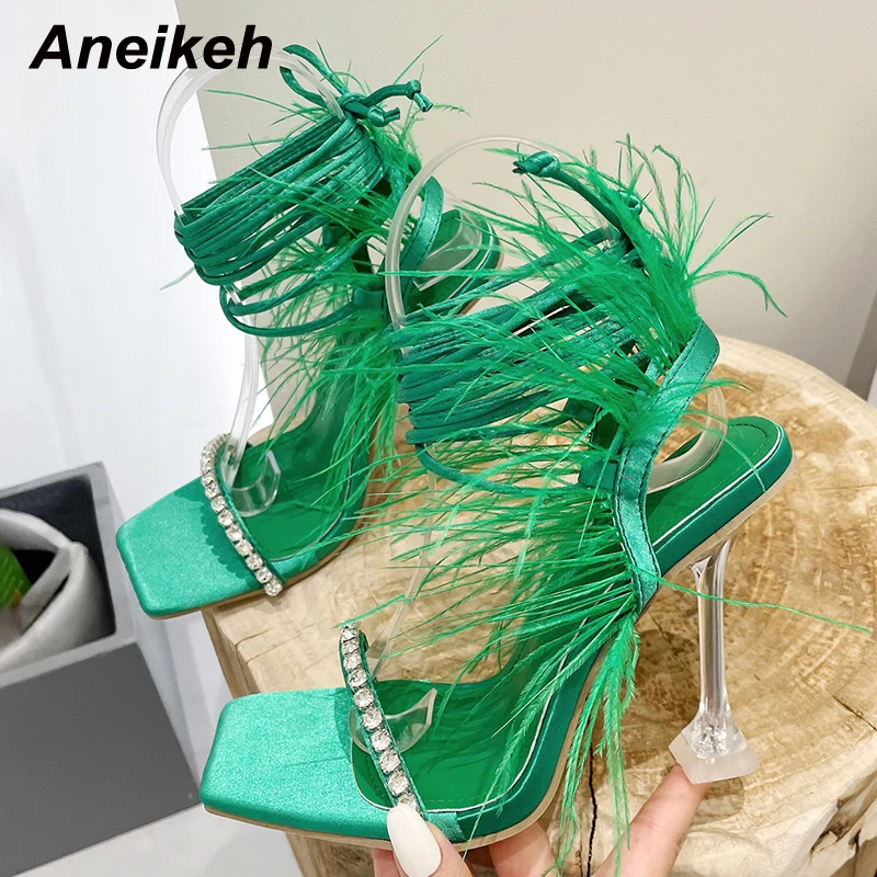 Aneikeh 2025 Sexy Rhinestone Feather Women Sandals Lace-up Summer Shoes Ankle Strap Gladiator Squared Toe Thin Heels Size 35-41