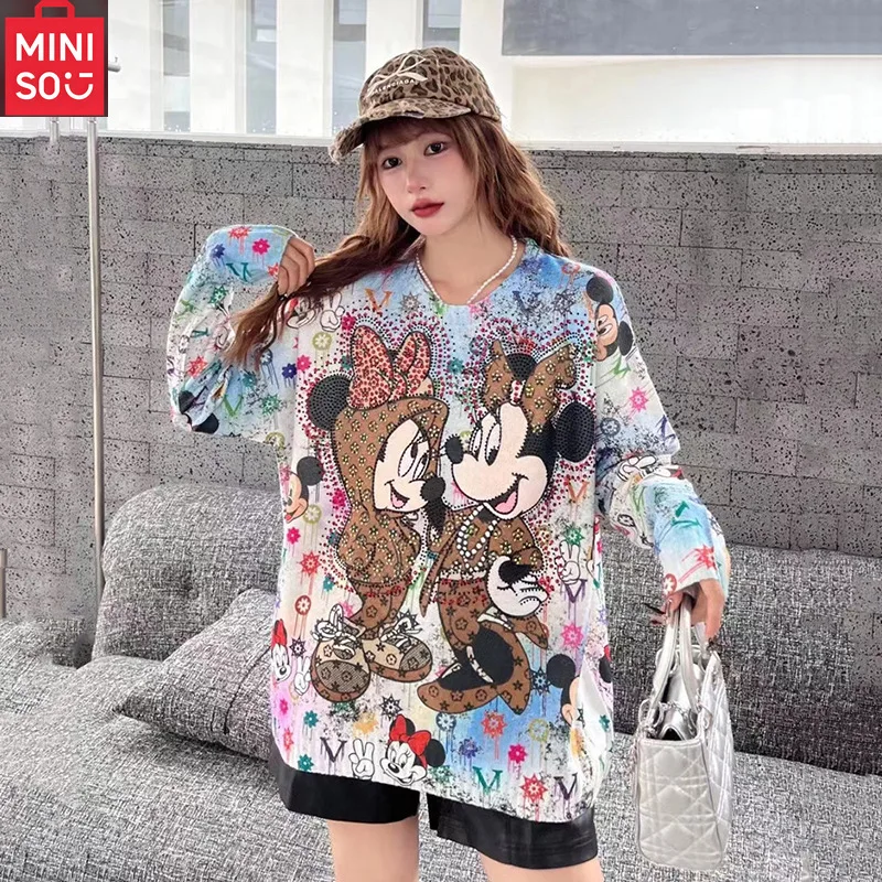 

MINISO свитер с круглым вырезом и принтом Микки, женская осенне-зимняя свободная повседневная толстовка с капюшоном, модная вязаная футболка