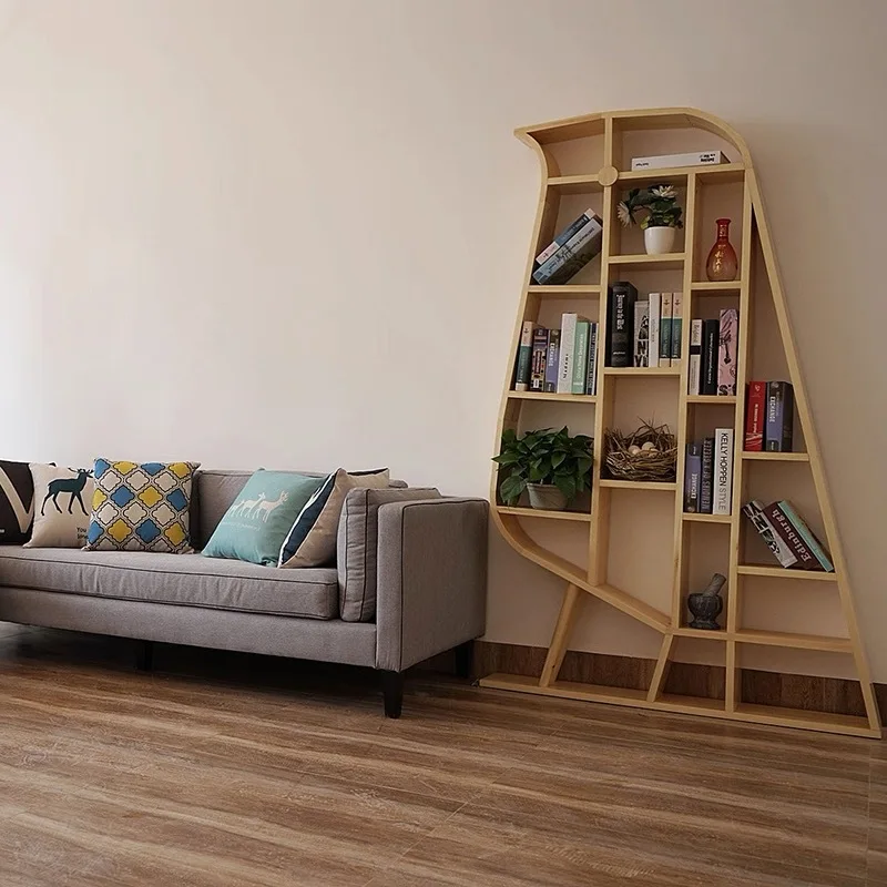 Bird-shaped creative bookshelf, bookcase storage rack, simple wall, solid wood shelf, floor-to-ceiling bookshelf, Nordic log win