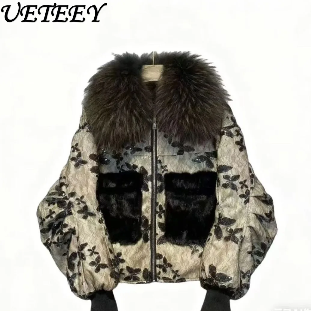 

Модная новая толстая теплая кожаная куртка с воротником из меха енота, модное высококачественное кружевное короткое пальто с блестками и принтом из норки в стиле пэчворк
