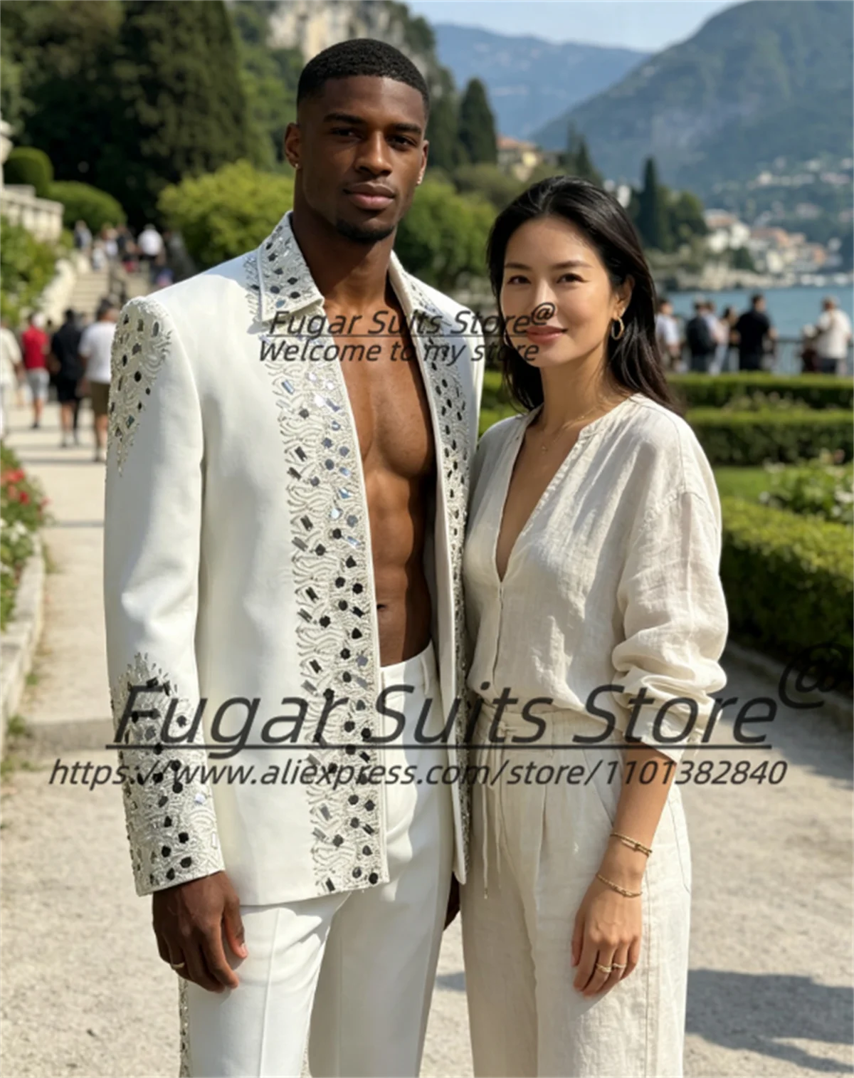 Gorgeous Silver Sequins Embroidered Collar Men Suits Customized Slim Fit Formal Prom 2 Pcs Sets Male Elegant Blazers Ropa Hombre