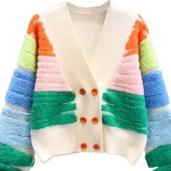 Rainbow Striped Knit Sweater Cardigan Women Double-breasted V-neck Jacket Coat Autumn Winter Long Sleeve Loose Stylish Tops 2023