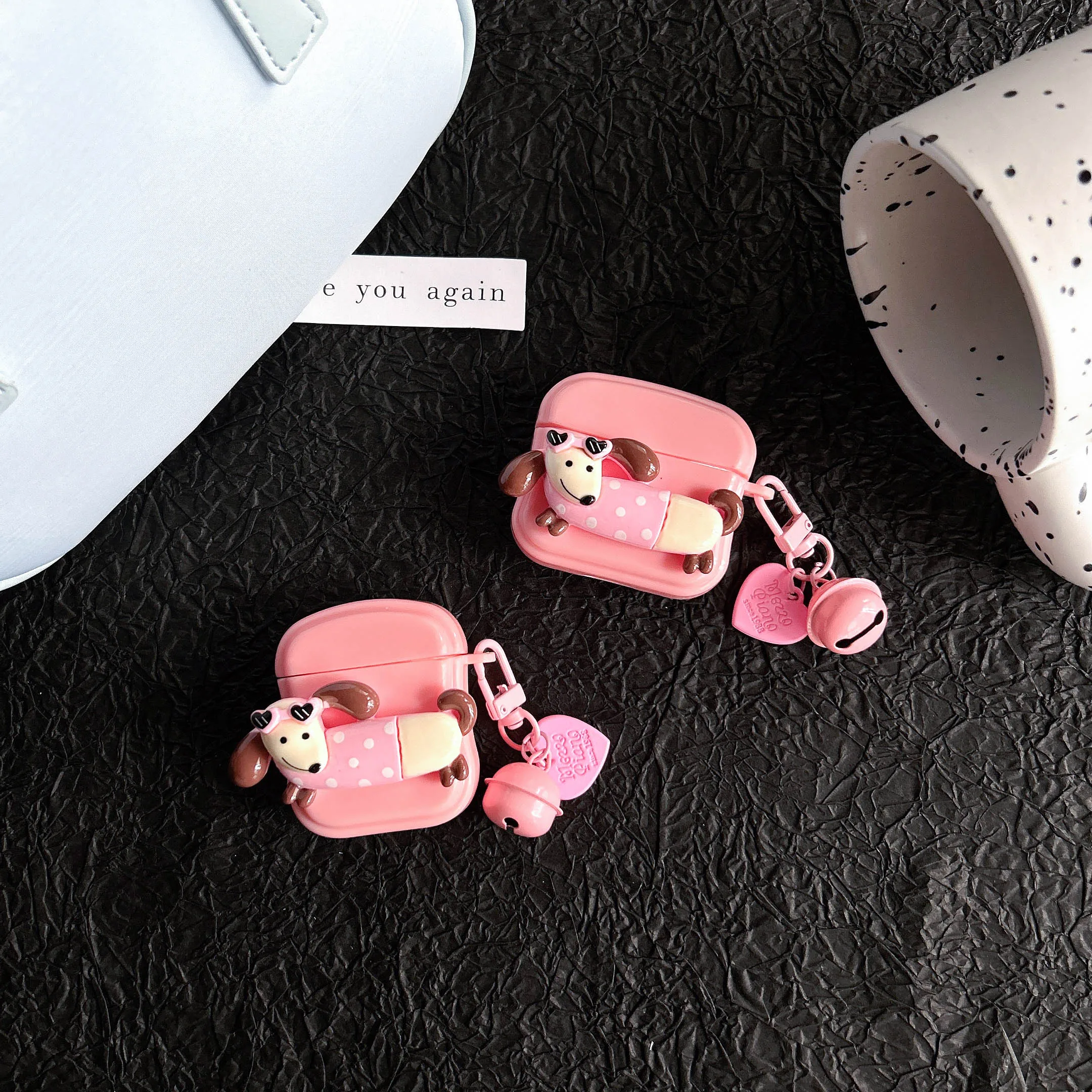 Pink 3D cartoon dachhund love bell pendant charging box shell for apple airpods pro 3 pro2nd 1 2 wireless earphone case