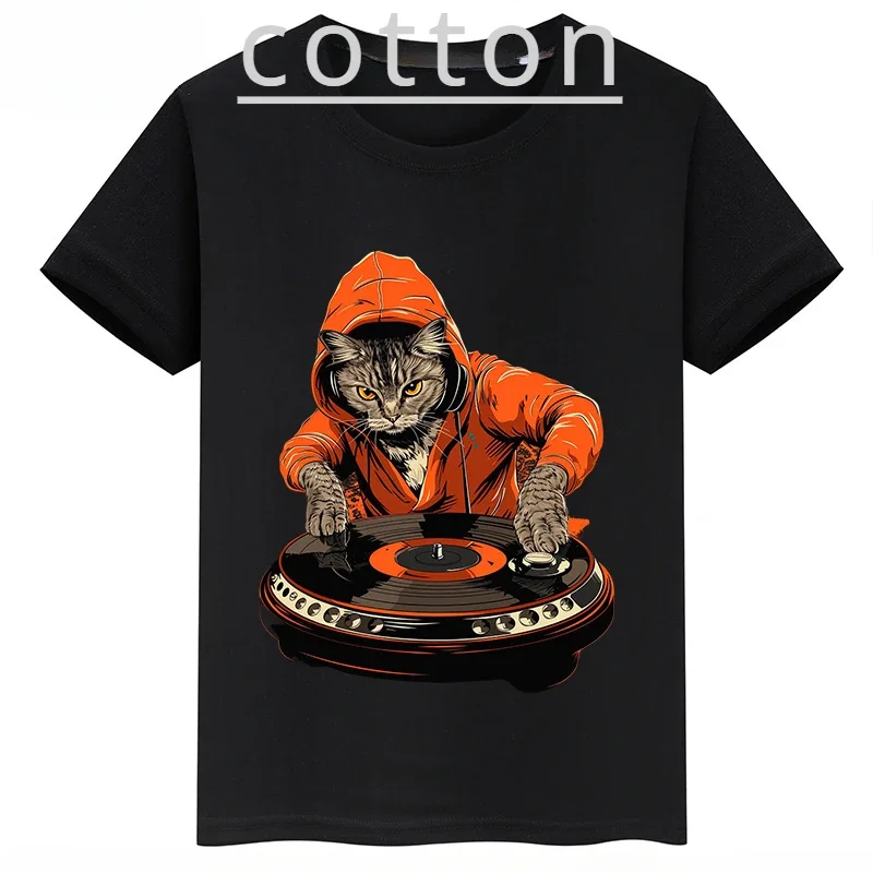 DJ Cat Printed Children's Clothing Summer Kid's Cotton Black T-shirt Casual Short-sleeved Tops for Boys and Girls Baby Tees