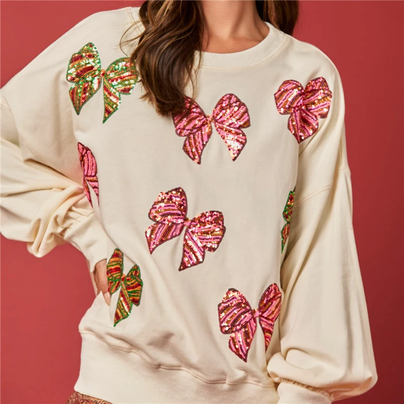 Women's Fashion Sequins Oversized Sweatshirt Bow Print Drop Shoulder Long Balloon Sleeve Round Neck Casual Autumn Tops