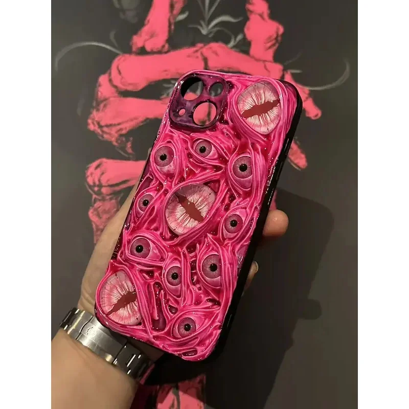 Custom cute pink Cthulhu's Eye phone case for iPhone 18/1716/15/14/12 Pro Max/11/8 Plus, made of soft silicone.