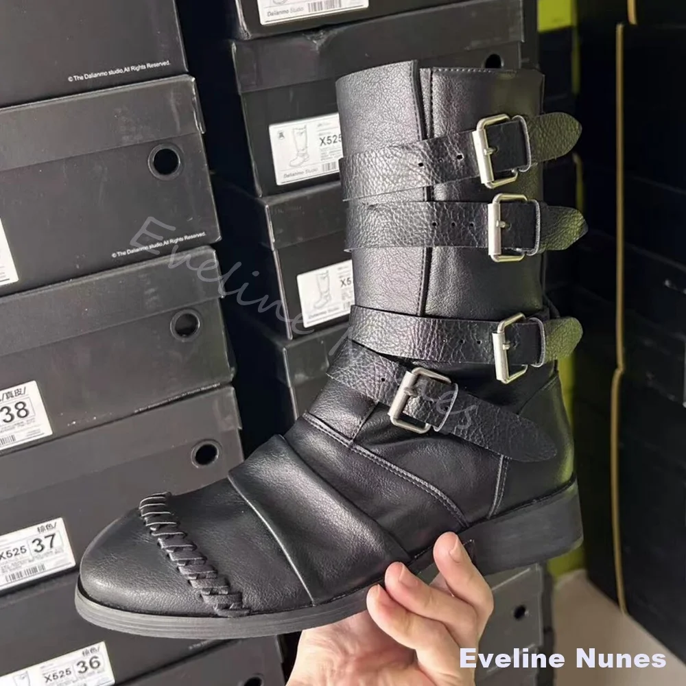 Multi Metal Buckle Straps Motorcycle Boots Black Leather Hand‑Stitched Gothic Punk Boots Round Toe Block Heel Mid Calf Boots