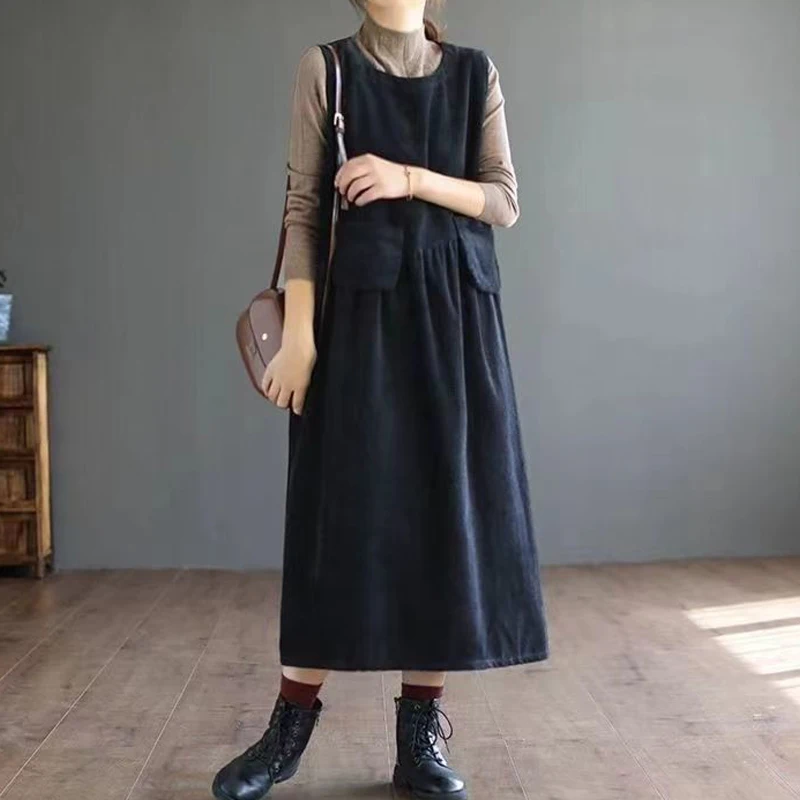 Clothes for Women Japanese Style Vintage Corduroy Streetwear Y2K Midi Dress Autumn Winter O Neck Solid Sleeveless Loose Dresses