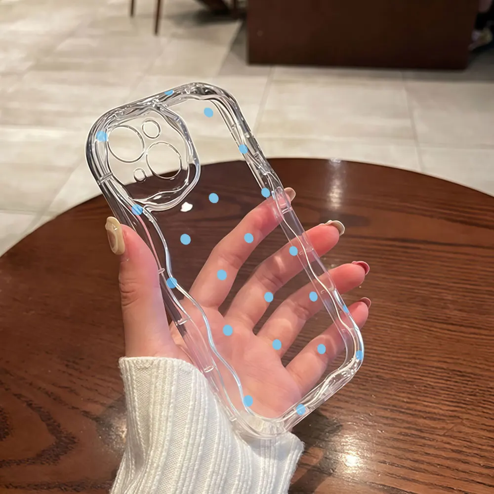 Blue Polka Dots Clear Wavy TPU INS Phone Case For Samsung Galaxy S23 S24 S25 S26 Ultra Plus A07 A15 A16 A17 A56 A57 4G 5G Cover