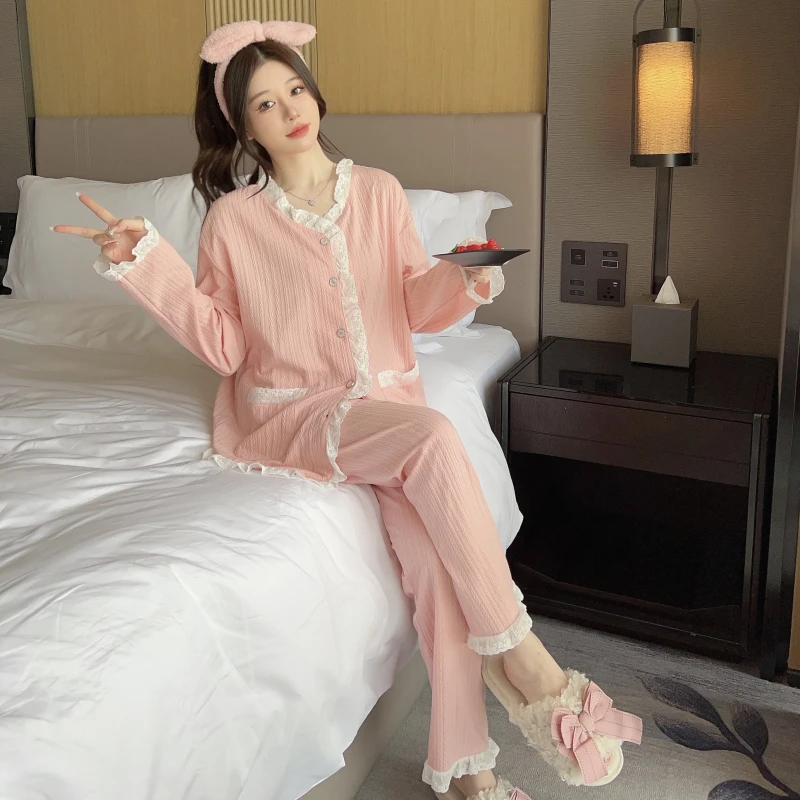 Spring and Autumn Women\'s Lace V-neck Sweet Cotton Pajamas Solid Color Loose Simple Large Size Pajamas Set Home Clothes