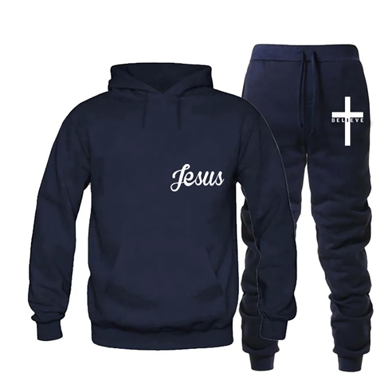 Autumn Winter Men's Sports Casual Suit Latest I Believe in Jesus Christ Printed Solid Color Hooded Drawstring Design Sports