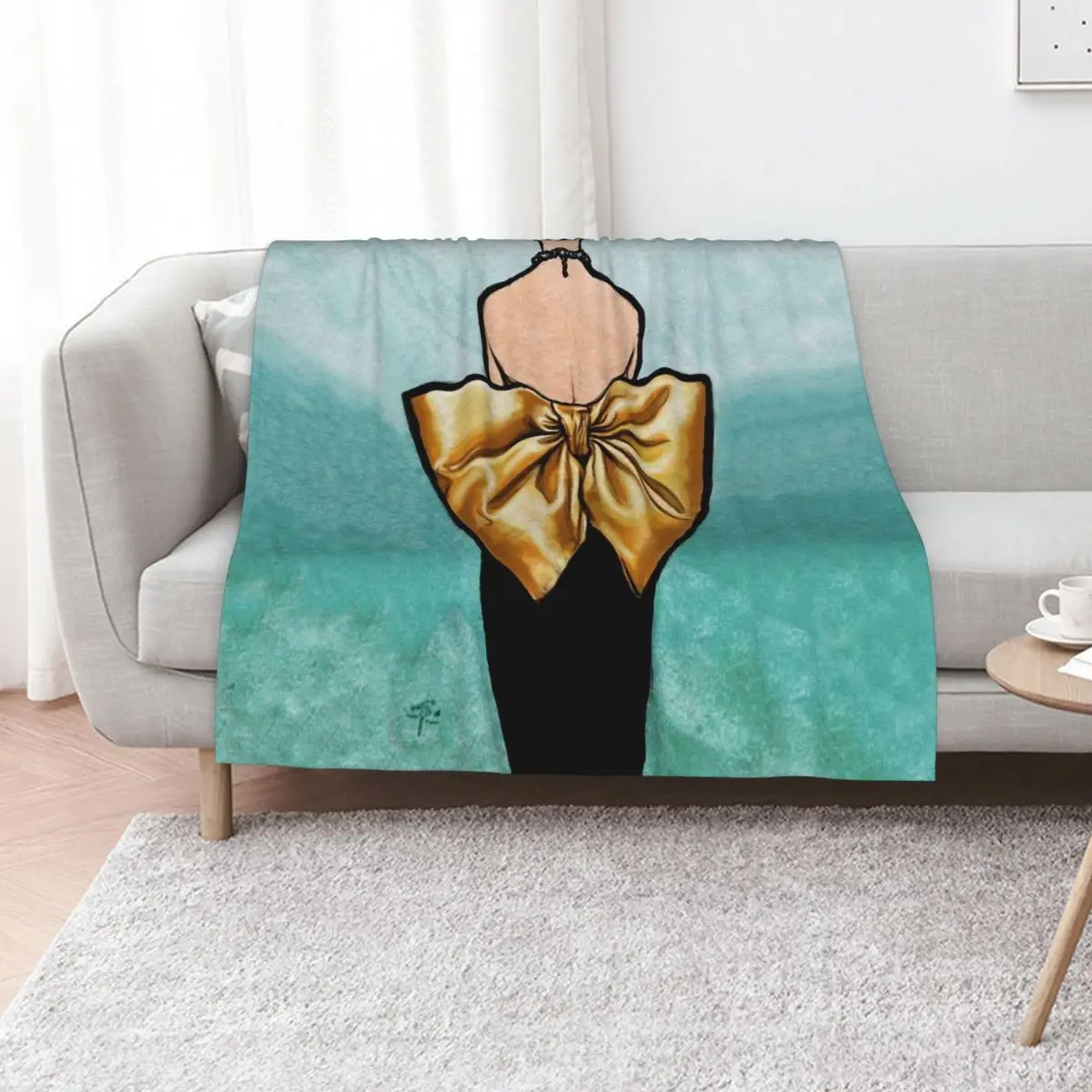 

Little Black Dress with a Big Golden Bow Vintage fashion art Throw Blanket Bed linens Heavy heavy to sleep Large Blankets