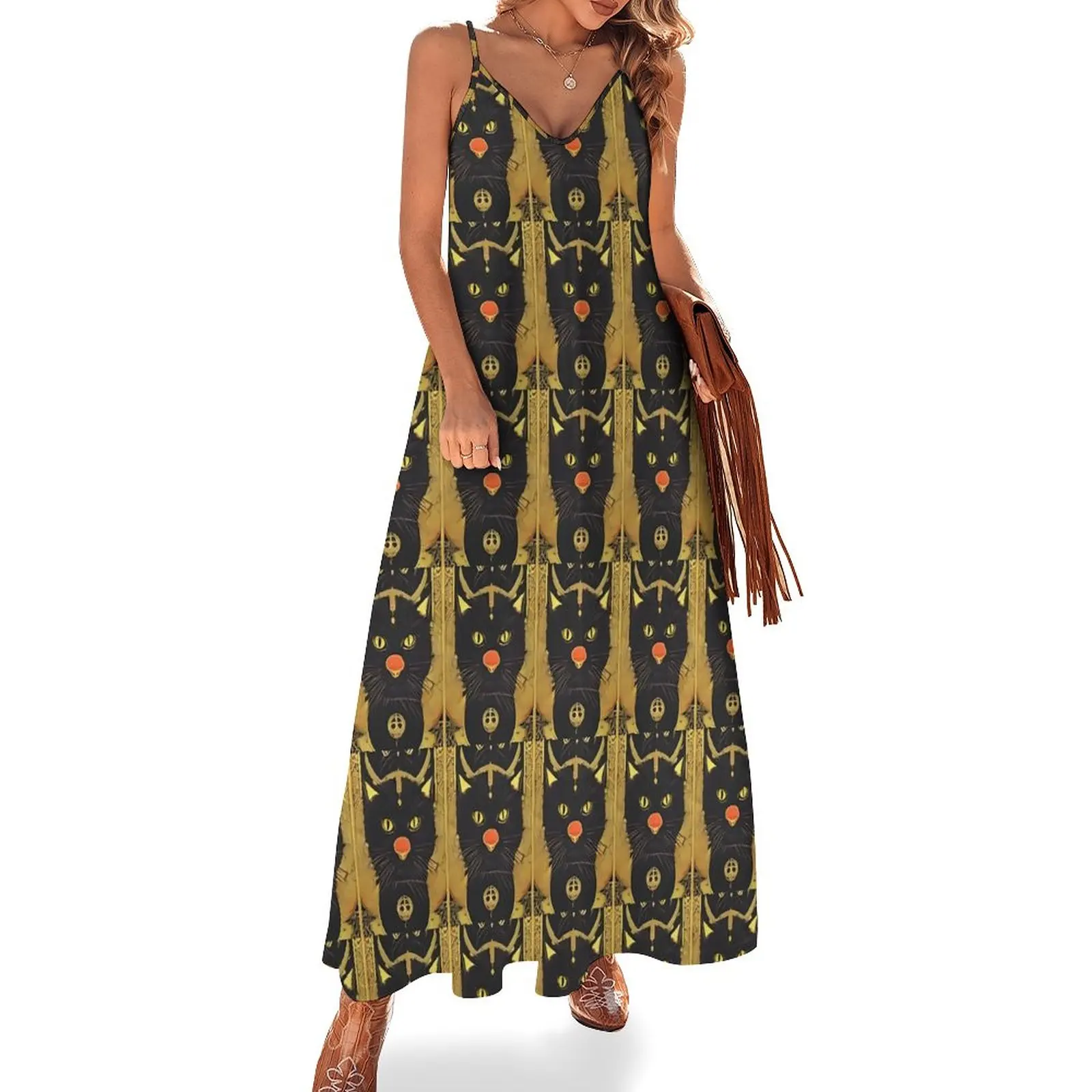 Retro Tarot Card Dress Black Cat Print Maxi Dress Strap Streetwear Boho Beach Long Dresses Summer V Neck Oversize Clothes