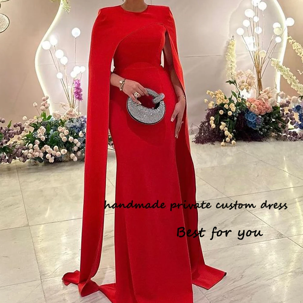 

Red Satin Mermaid Evening Dresses with Cape O Neck Arabian Dubai Formal Prom Dress Elegant Women Wedding Guest Gowns