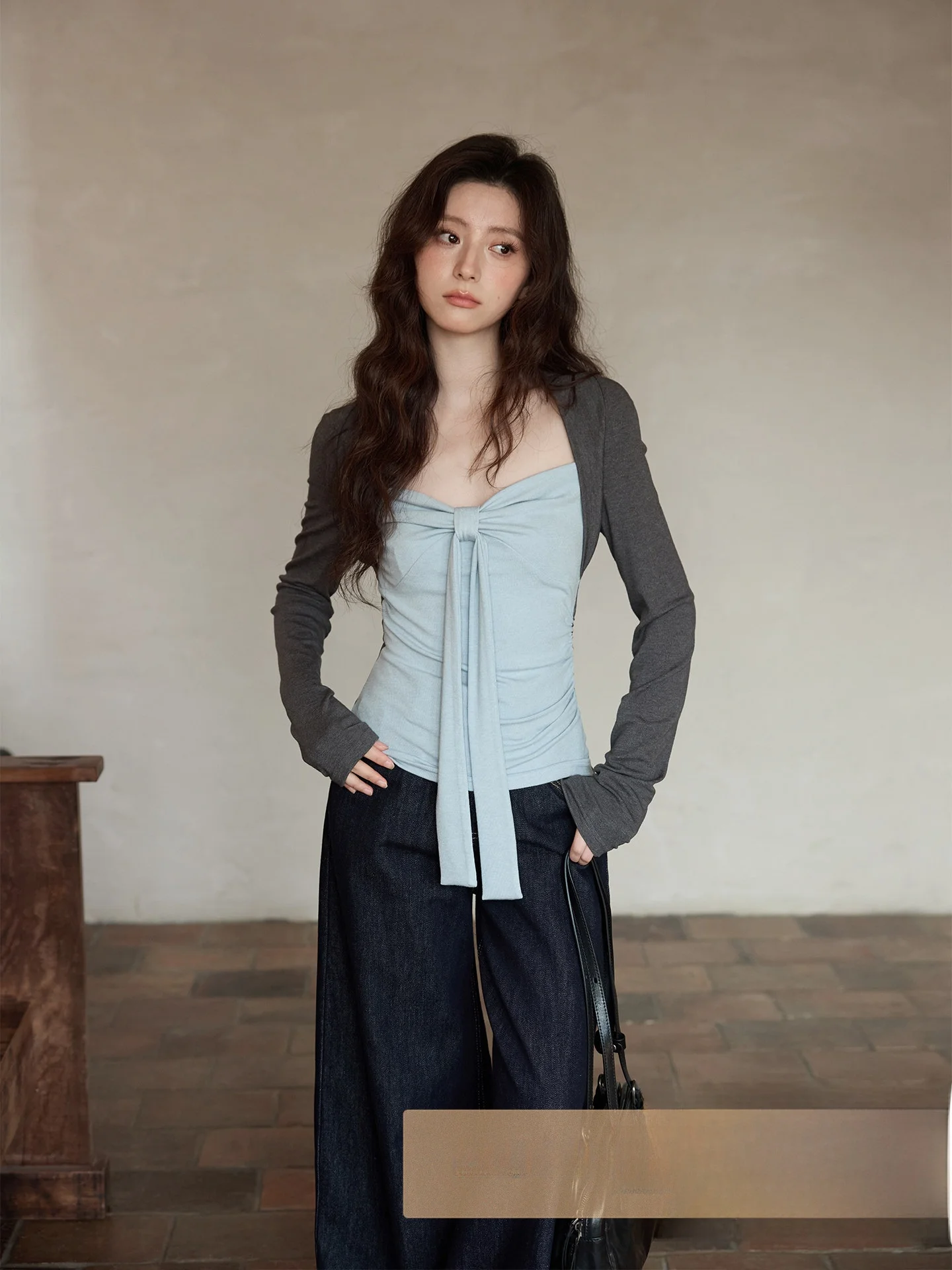 

Женская модная футболка Ele Slim Fit с длинным рукавом, весна 2026, новинка, корейский стиль, имитация двухслойности, повседневная